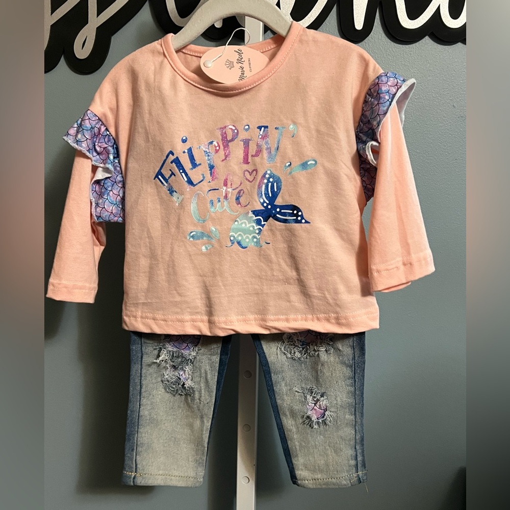 Marie Nicole Flippin' Cute Mermaid Peach Long-Sleeve Top with Distressed Jeans